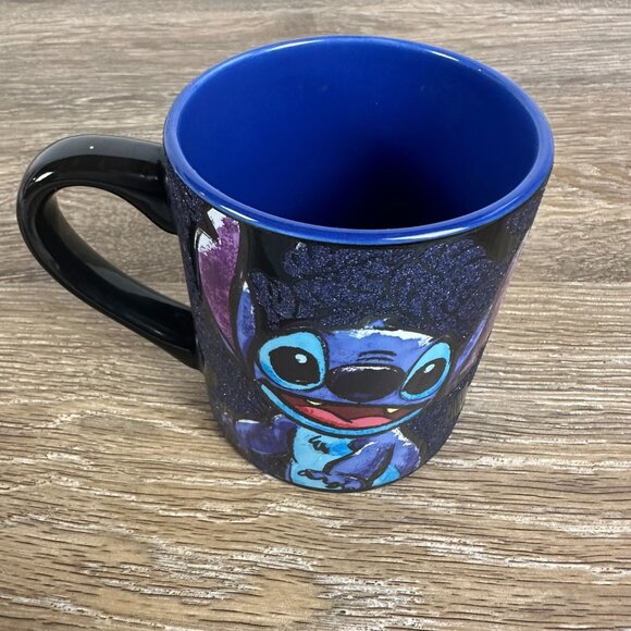 Disney Stitch Ceramic Coffee Mug 14 Oz Black & Blue With Glittery Design Hand Wa - Picture 2 of 6